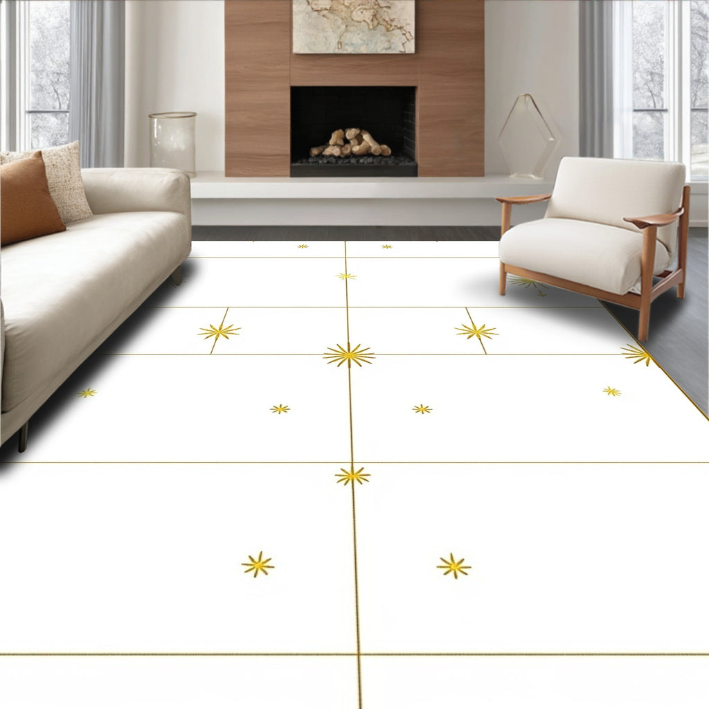 Golden Starburst Grid White Rug
