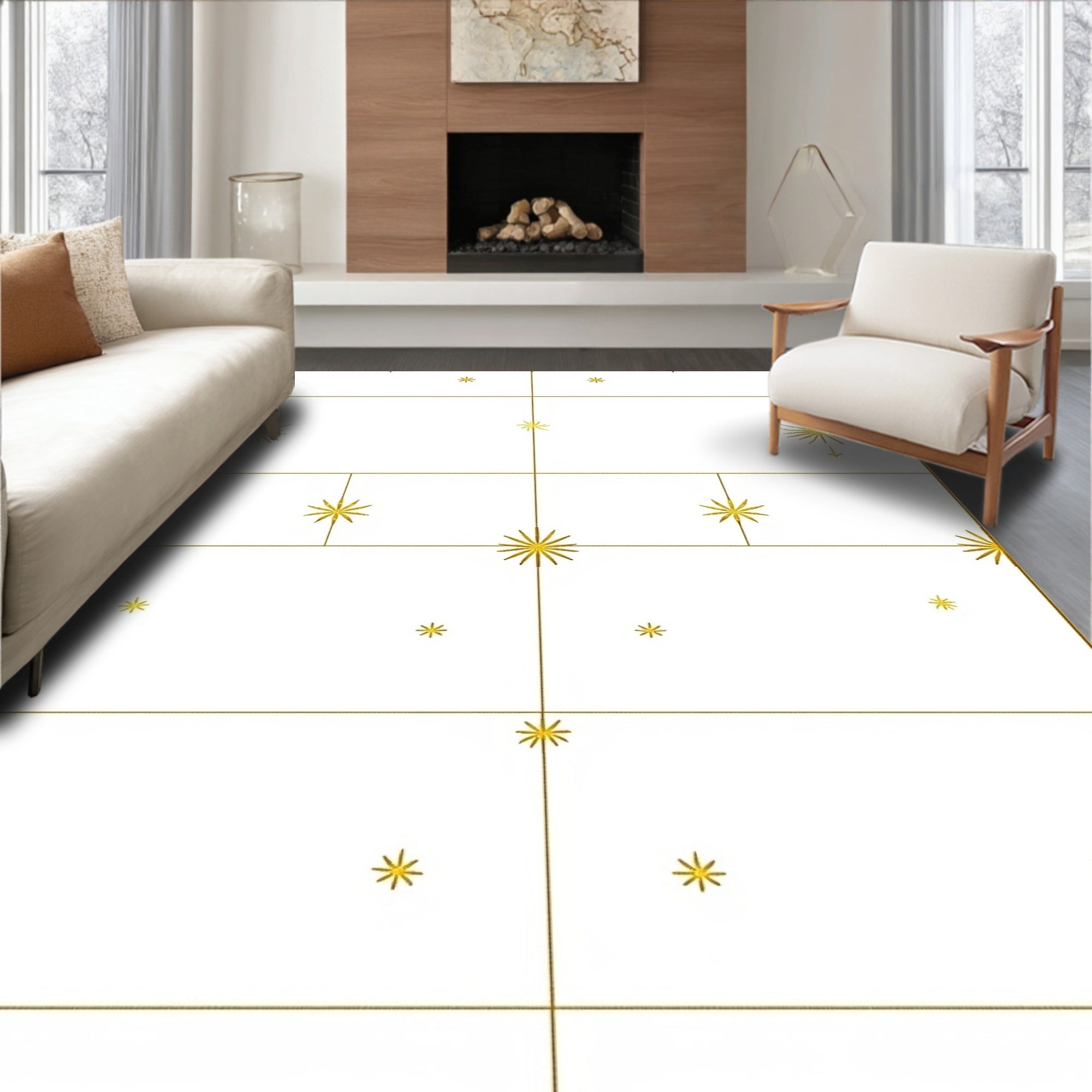Golden Starburst Grid White Rug