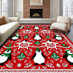 Red Penguin Christmas Whimsical Border Rug