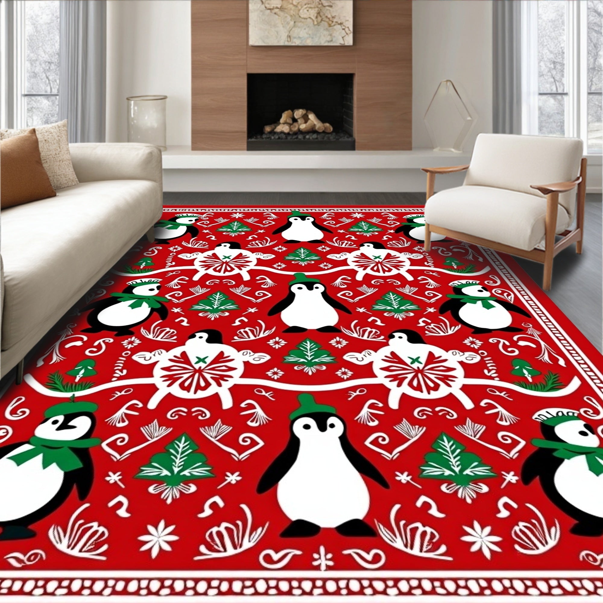 Red Penguin Christmas Whimsical Border Rug
