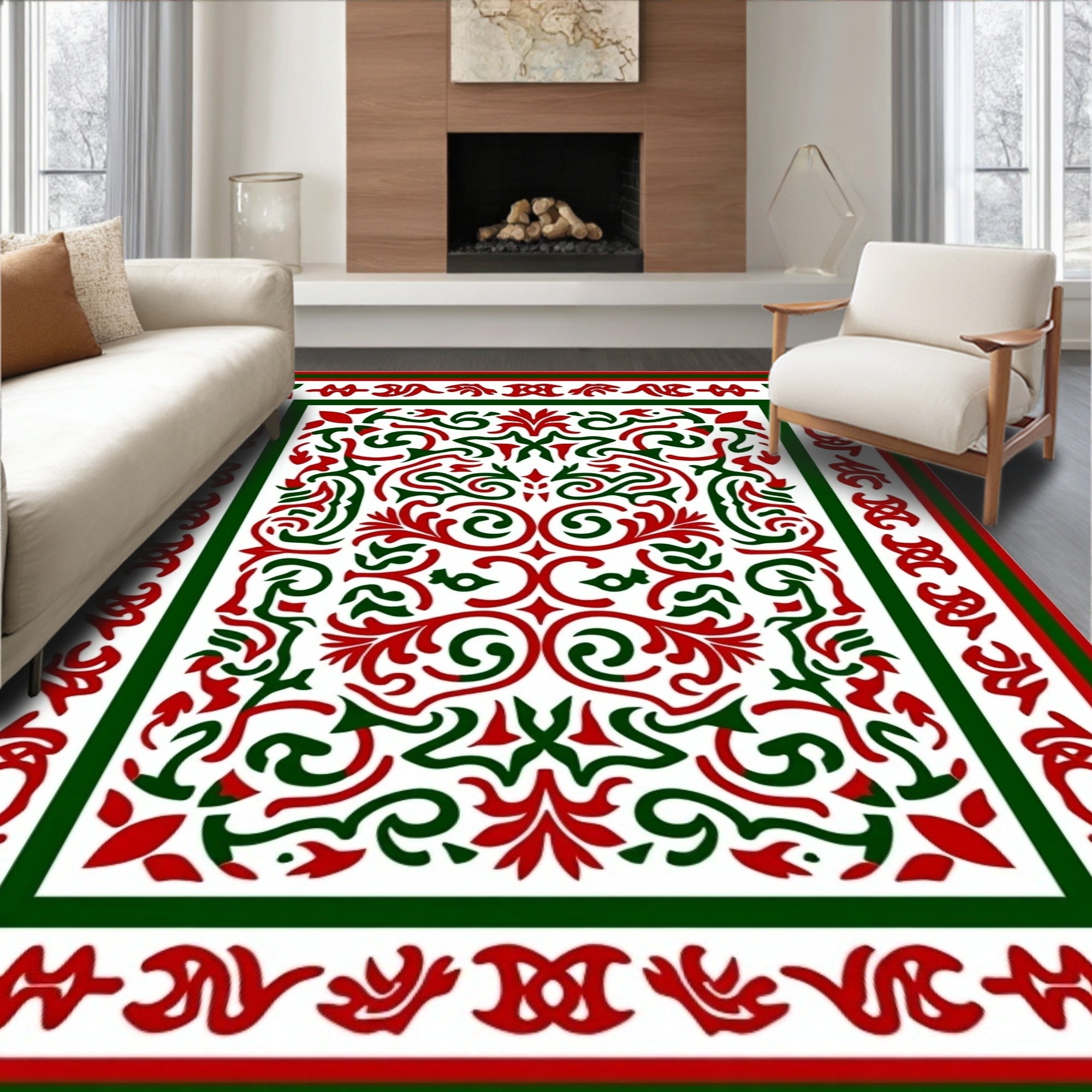 Red Green Ornate Scroll Medallion Rug
