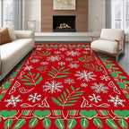 Red Snowflake Pine Branch Holiday Border Rug