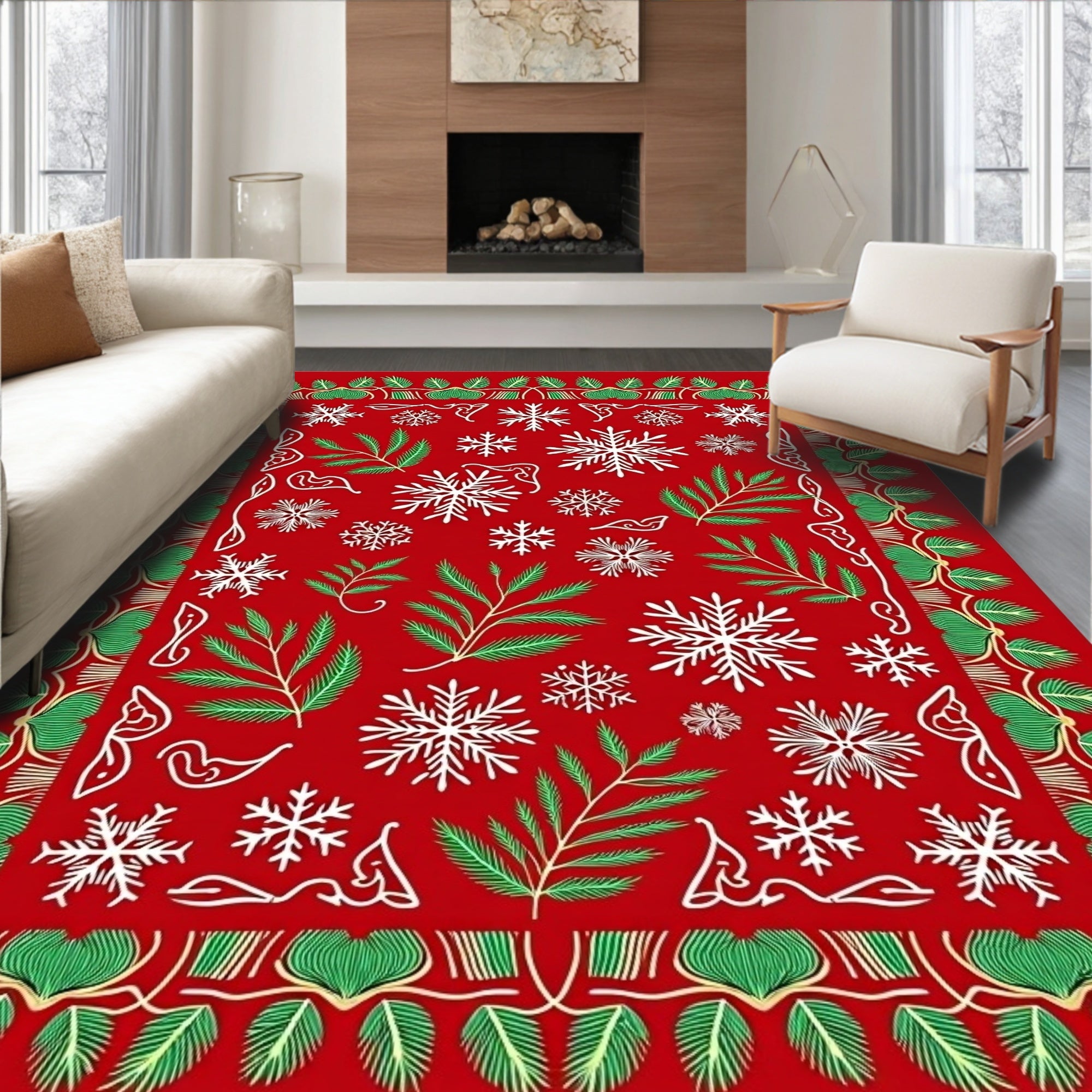 Red Snowflake Pine Branch Holiday Border Rug