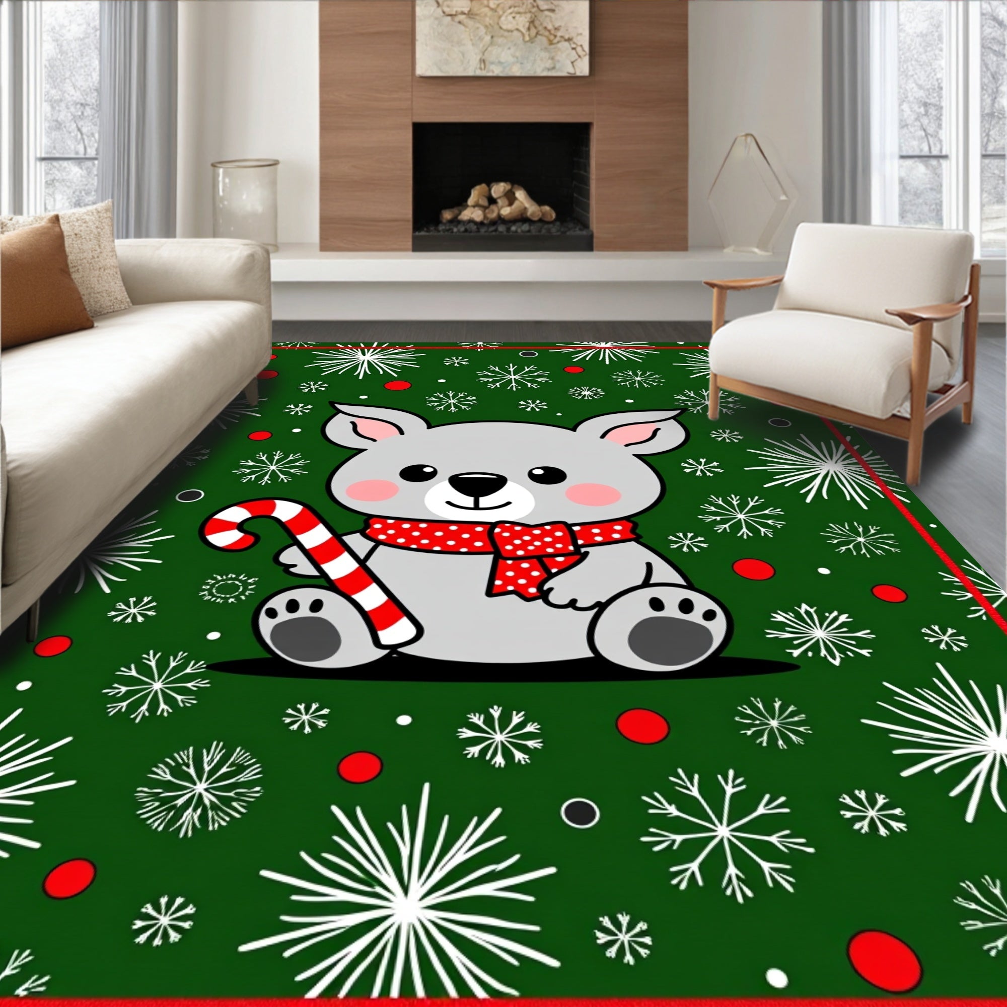 Cute Gray Bear Candy Cane Snowflakes Rug
