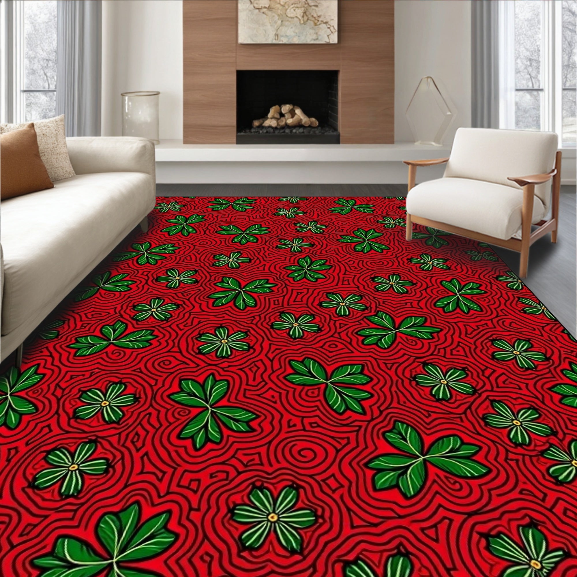Vibrant Red Clover Swirl Rug