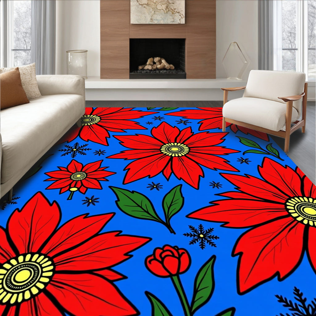 Bold Red Poinsettia Floral Snowflakes Rug