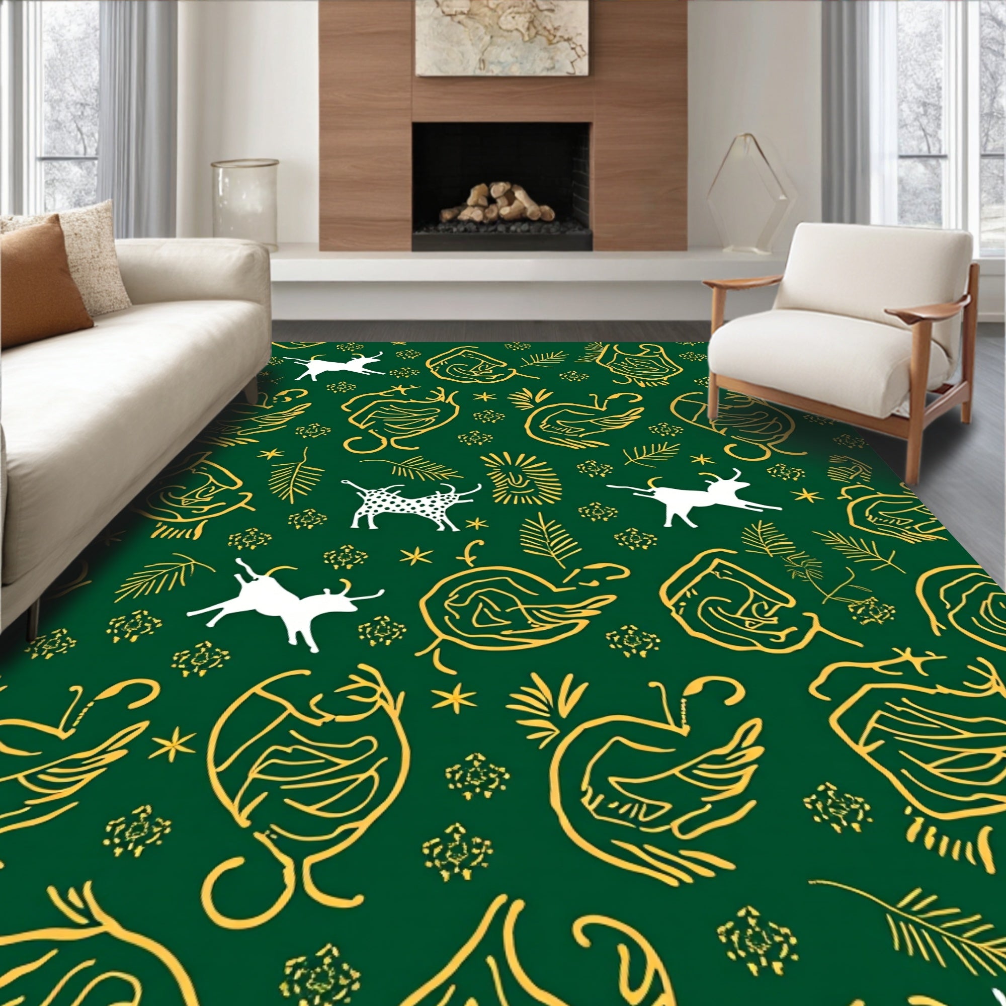 Deep Green Outline Animal Folk Art Rug