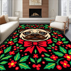 Pug With Red Holly Berry Bow Rug