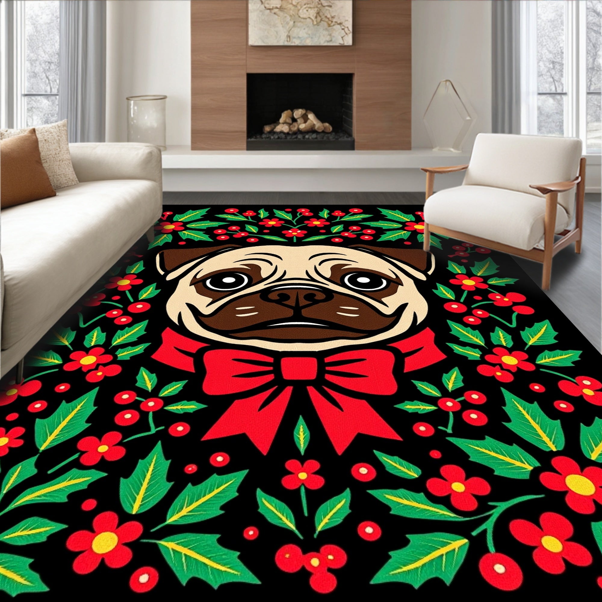 Pug With Red Holly Berry Bow Rug