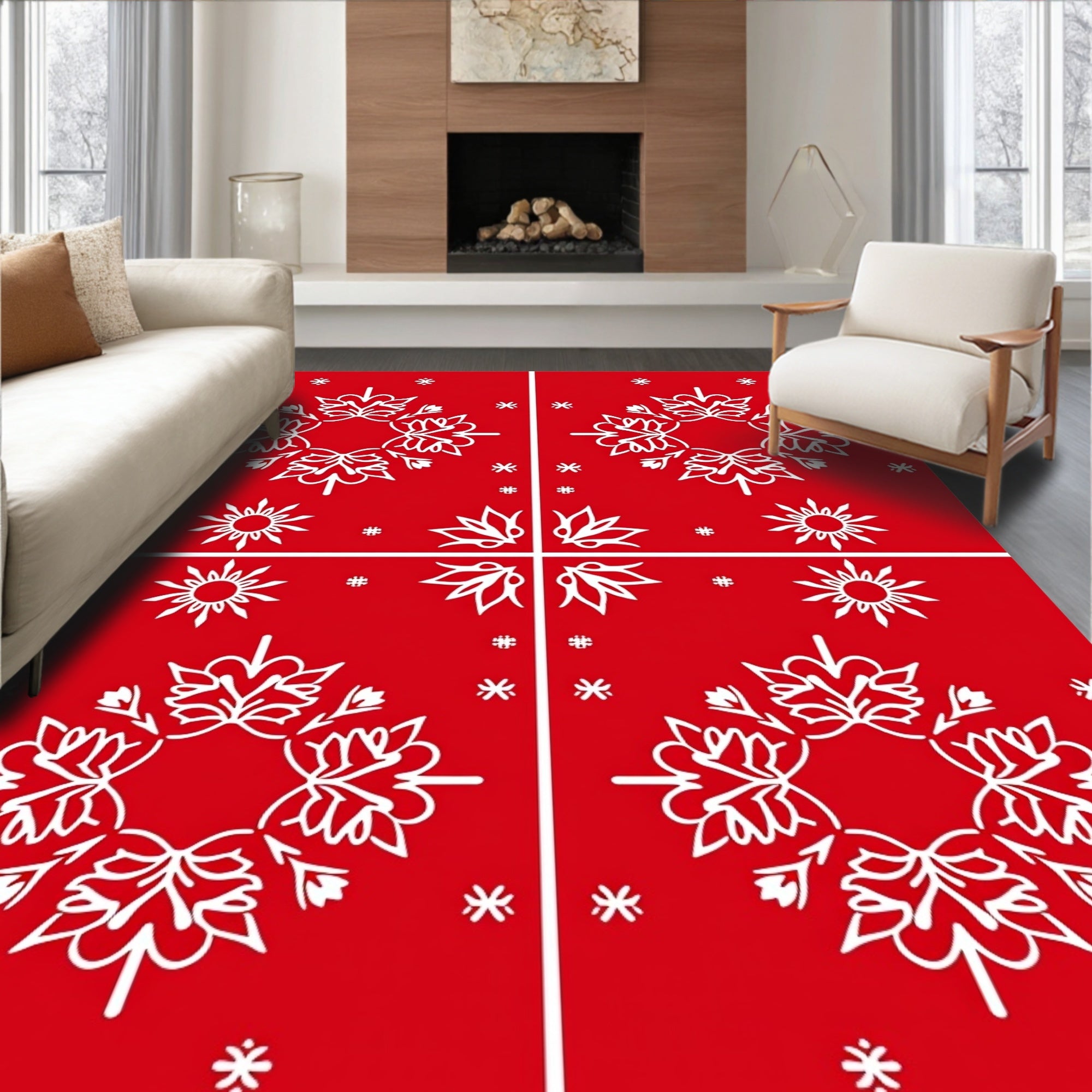 Crimson White Snowflake Mandala Arrangement Rug