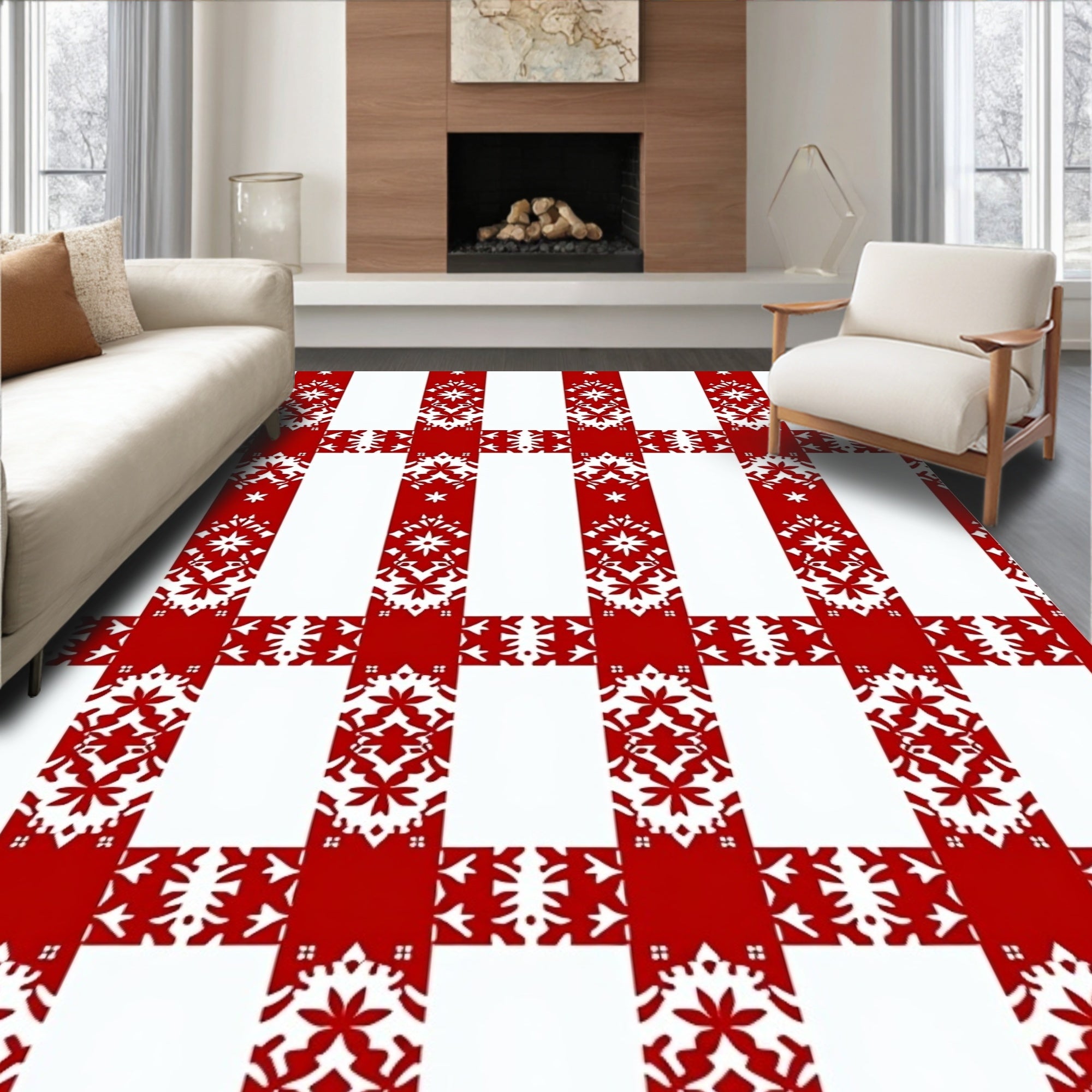 Bold Red White Gingham Floral Medallion Rug