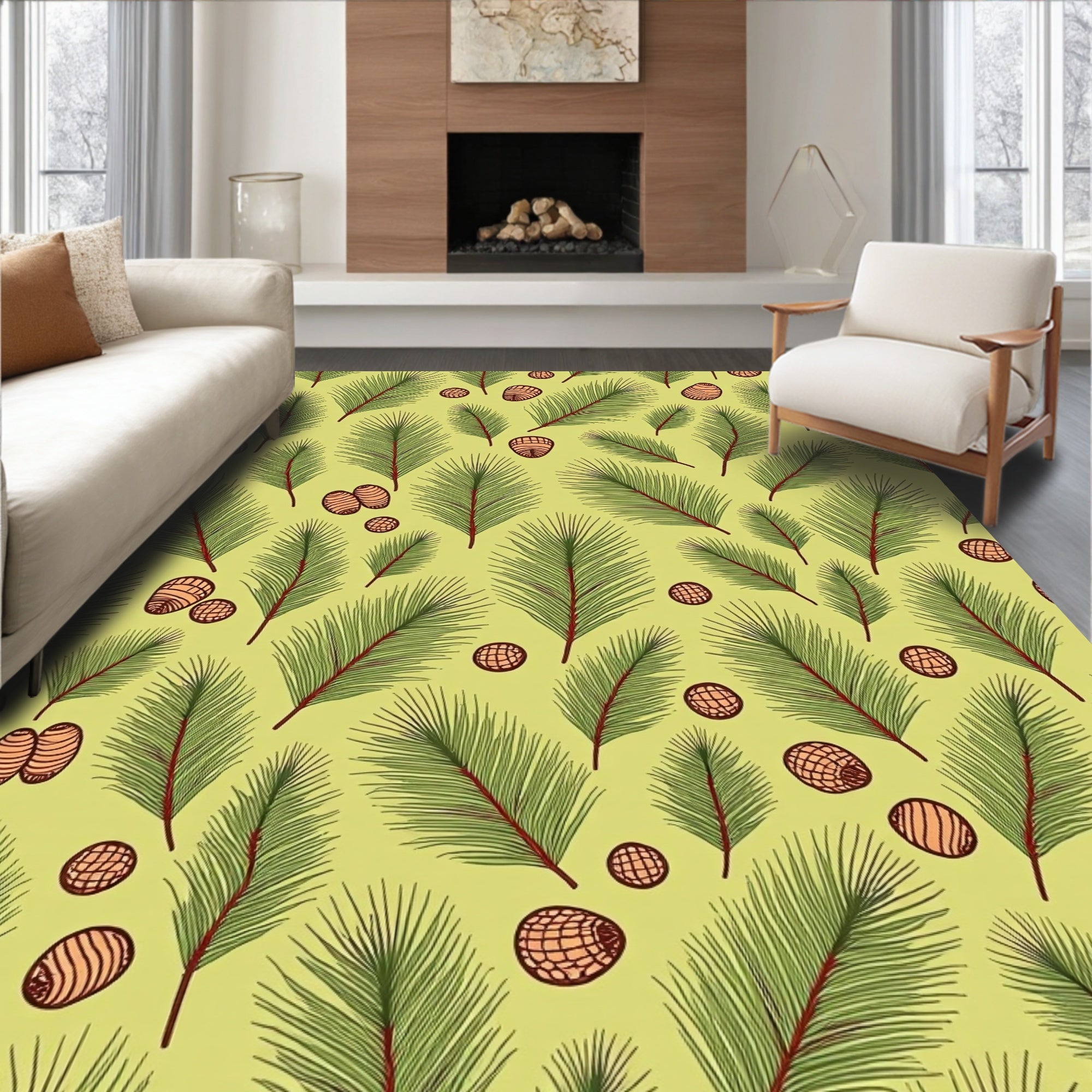 Green Pine Needles and Pinecones Rug