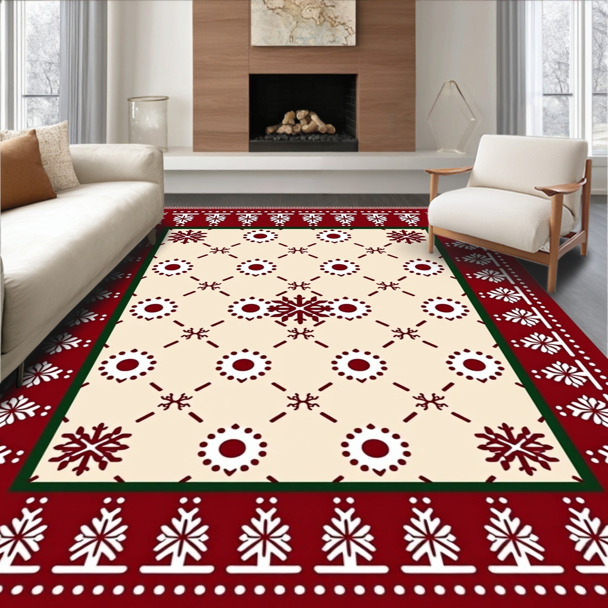 Crimson Snowflake Border Cream Field Rug