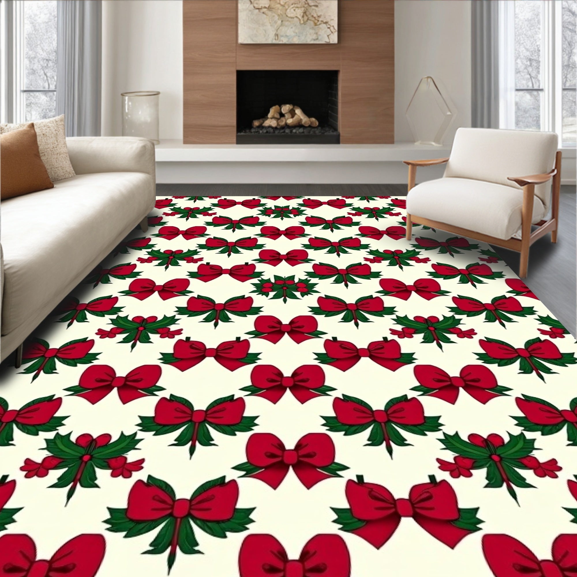 Holiday Red Bow and Holly Accent Rug
