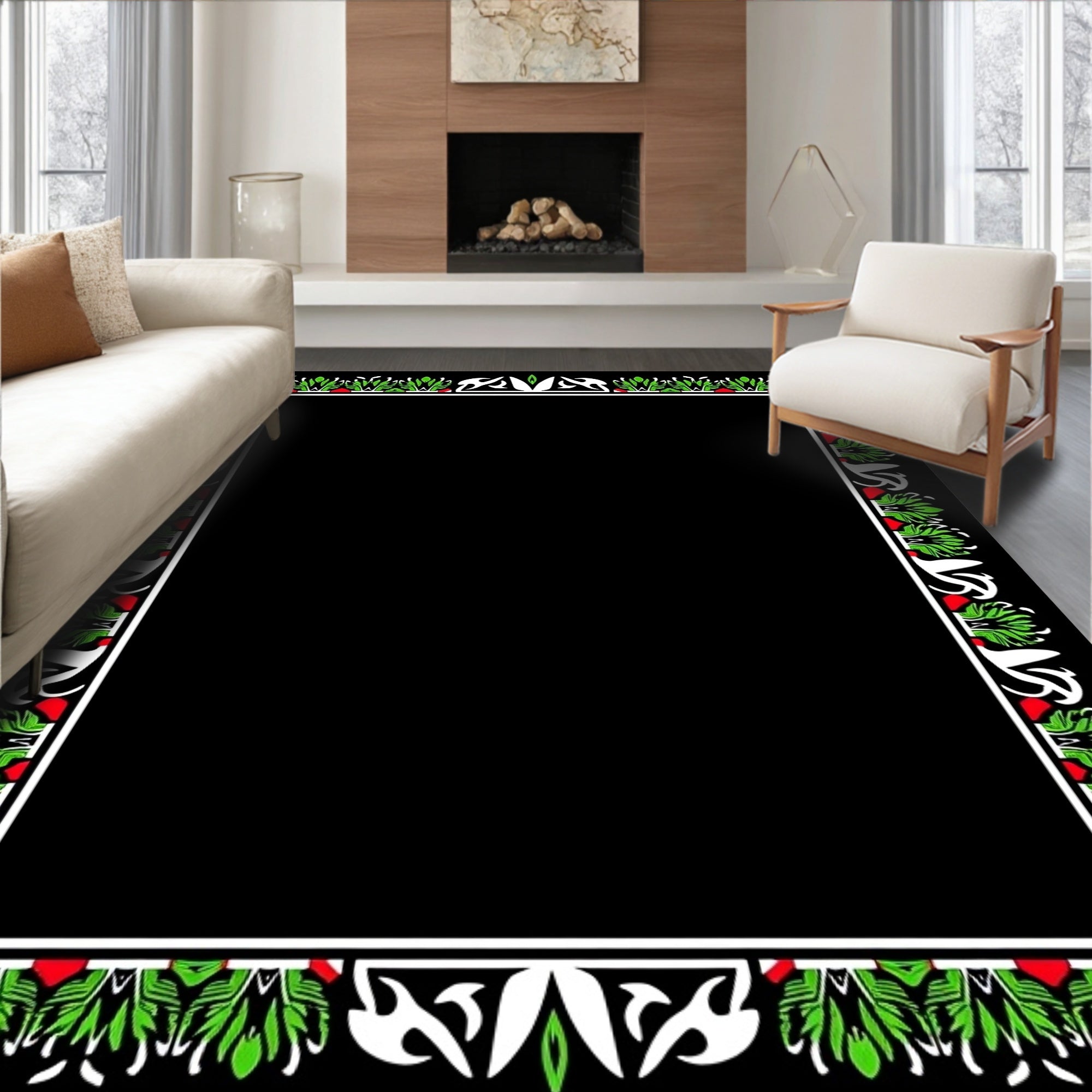 Bold Green Red White Floral Border Rug