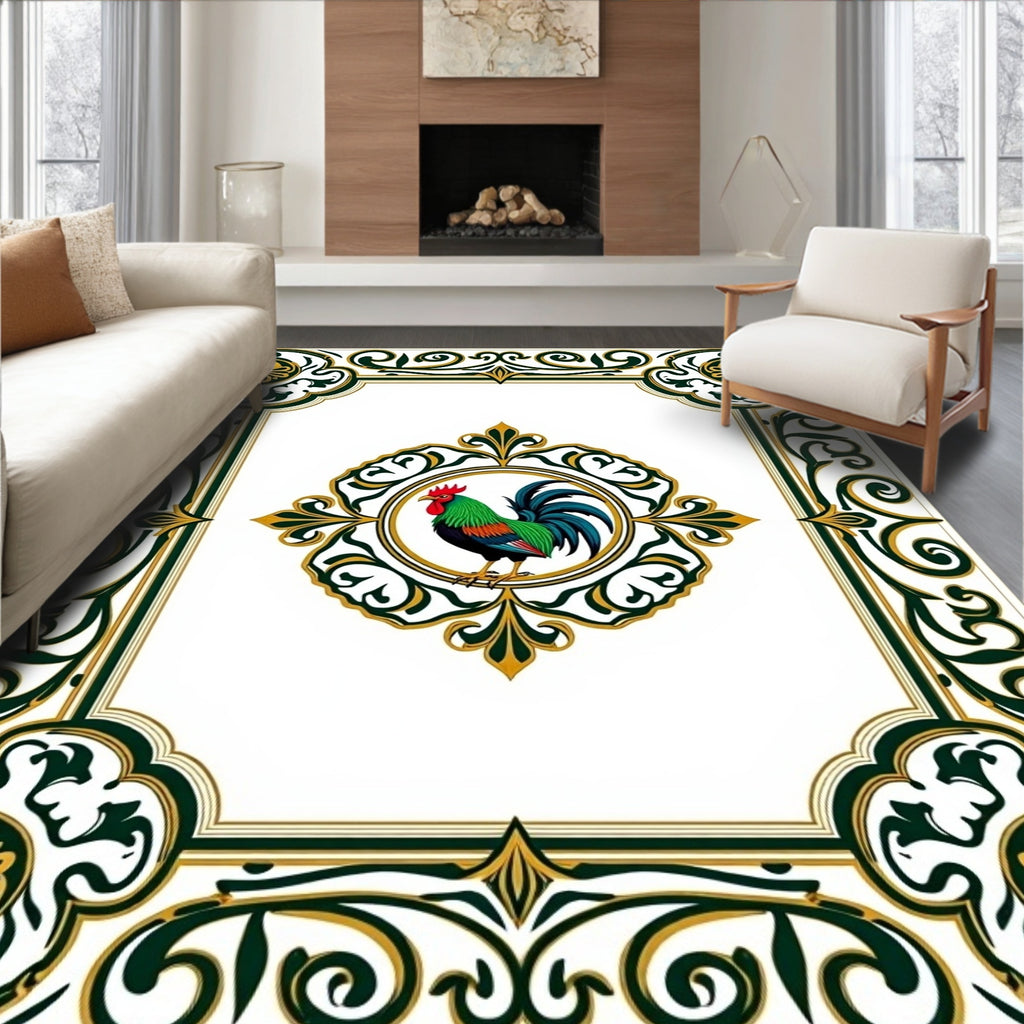 Green Rooster Floral Medallion Border Rug