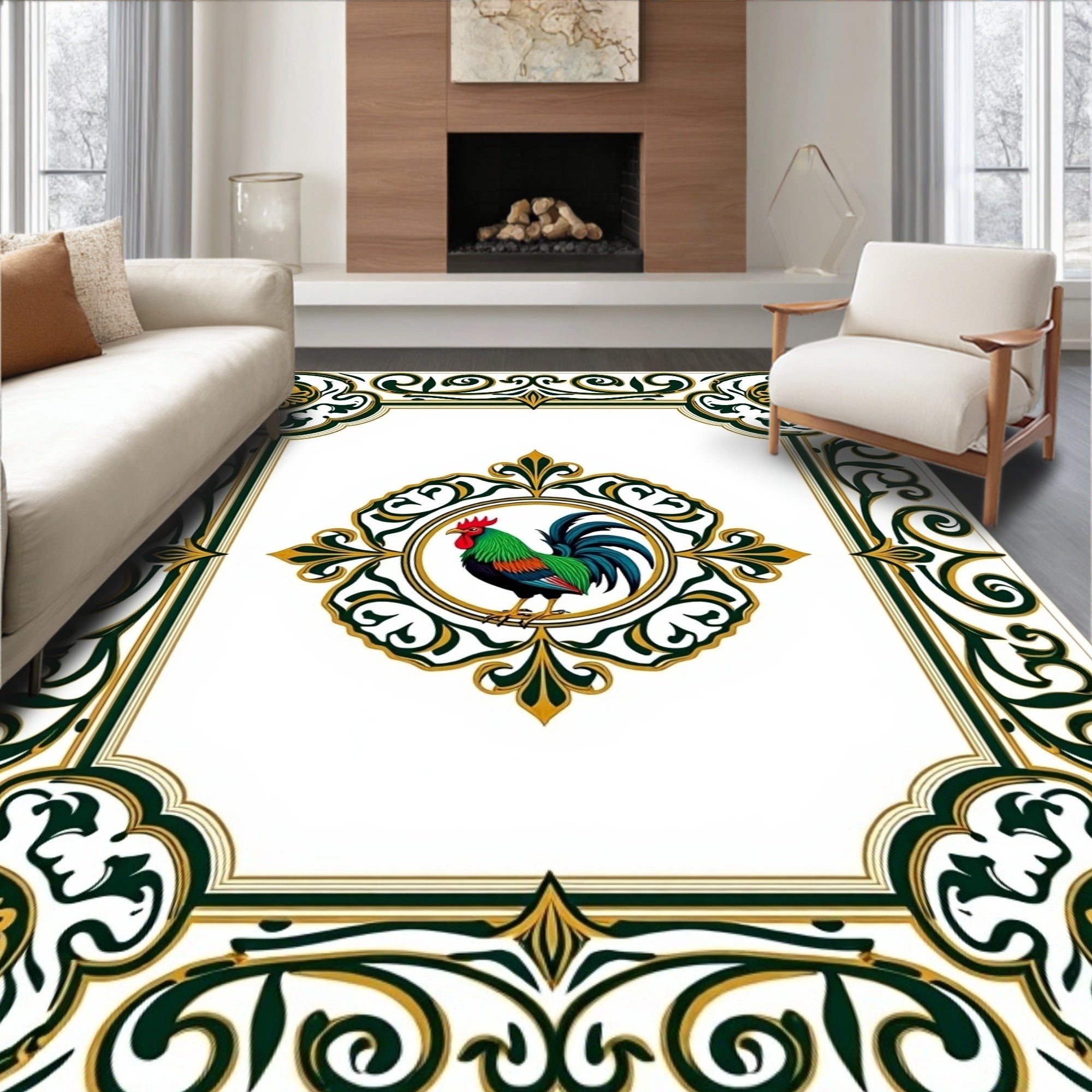 Green Rooster Floral Medallion Border Rug