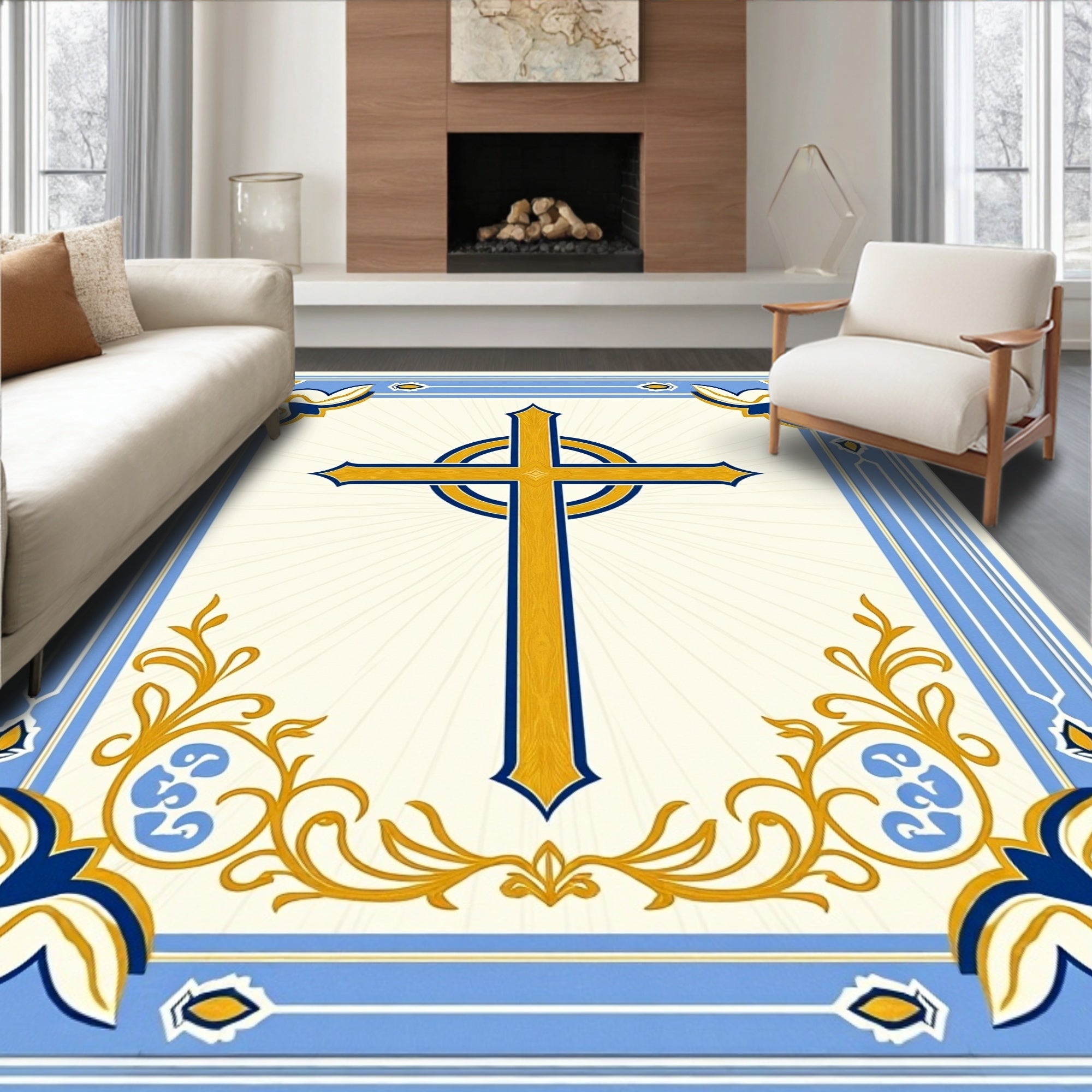 Ornate Gold Blue Celtic Cross Border Rug