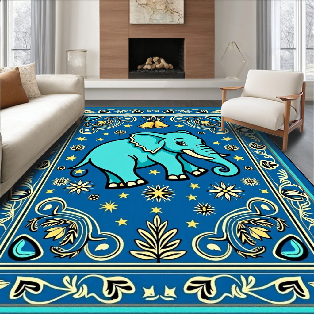 Blue Elephant Whimsical Floral Border Rug
