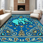 Blue Elephant Whimsical Floral Border Rug
