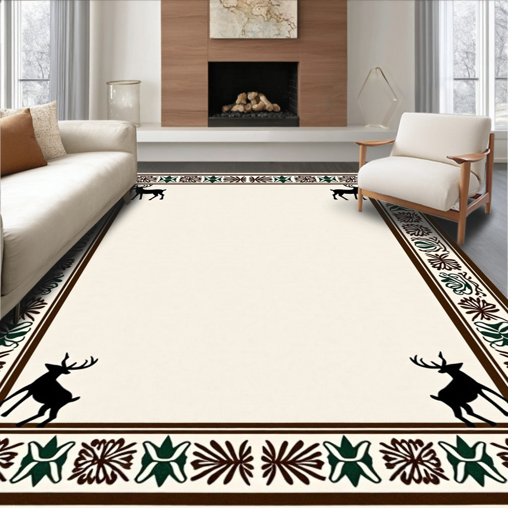Rustic Brown Deer Floral Border Rug