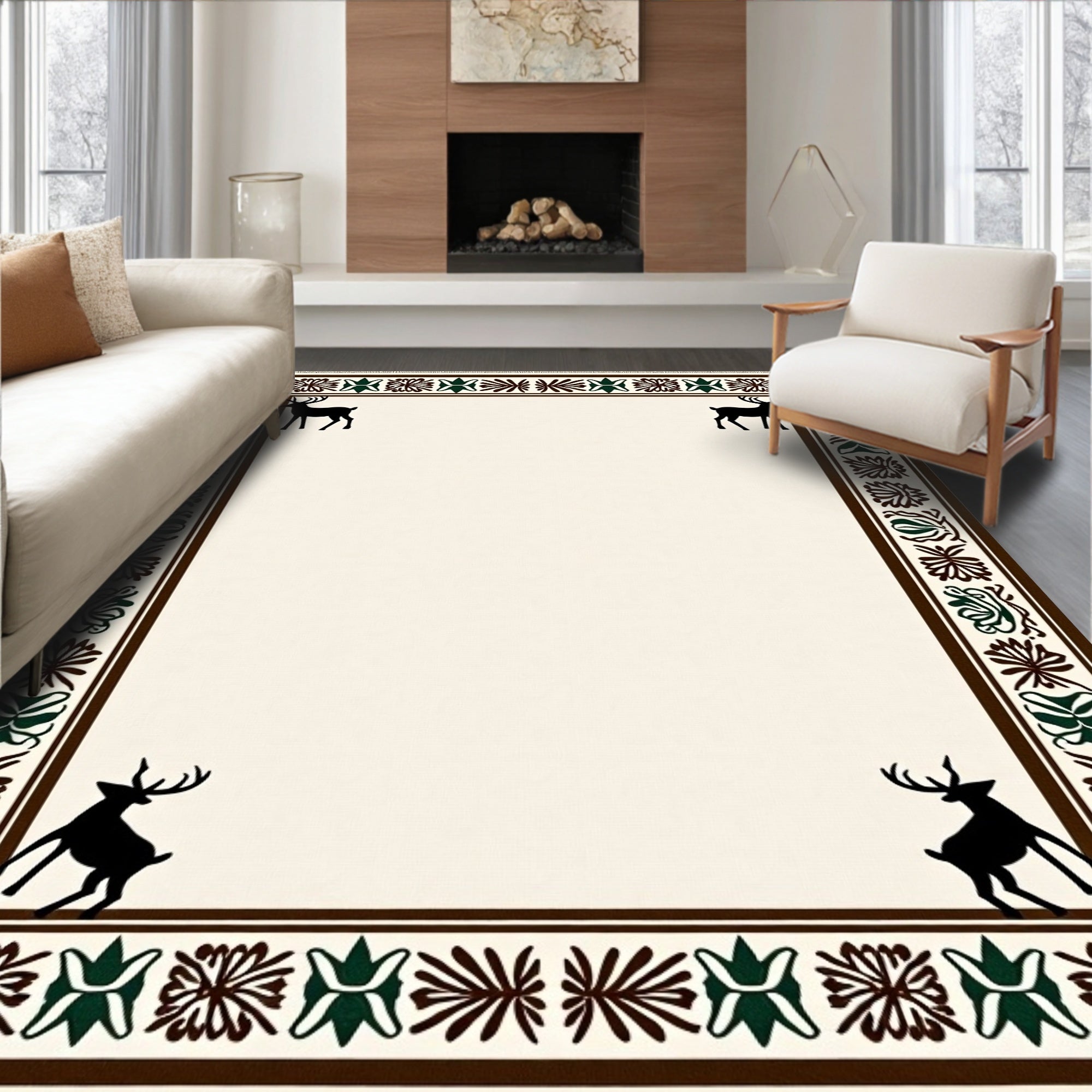 Rustic Brown Deer Floral Border Rug