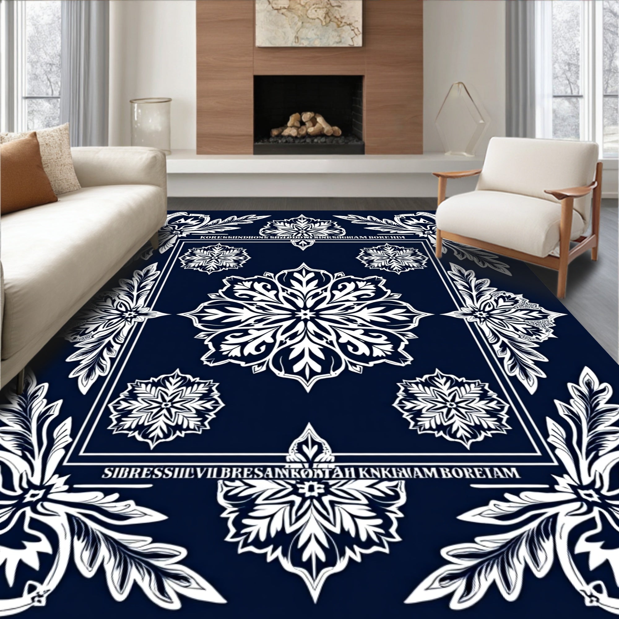 Rich Navy White Floral Mandala Rug