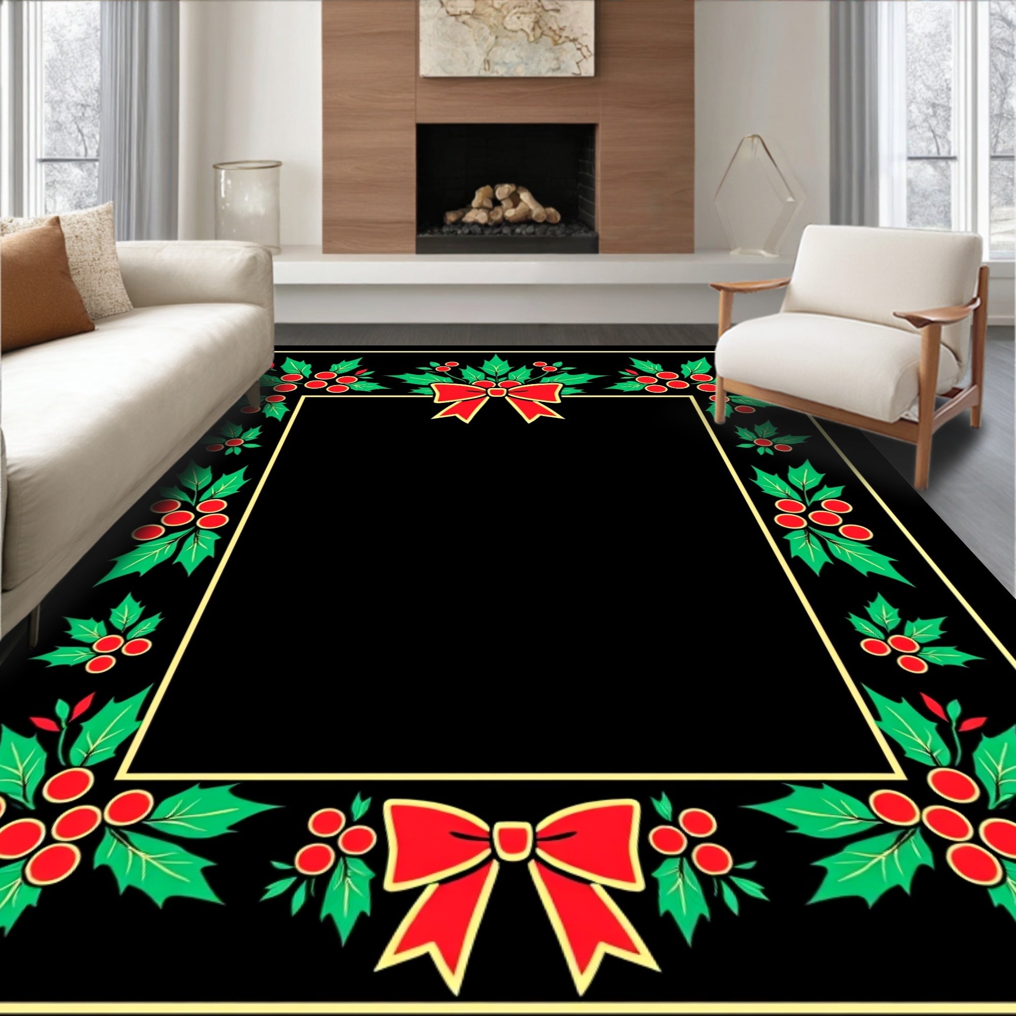 Festive Holly and Red Bow Rug