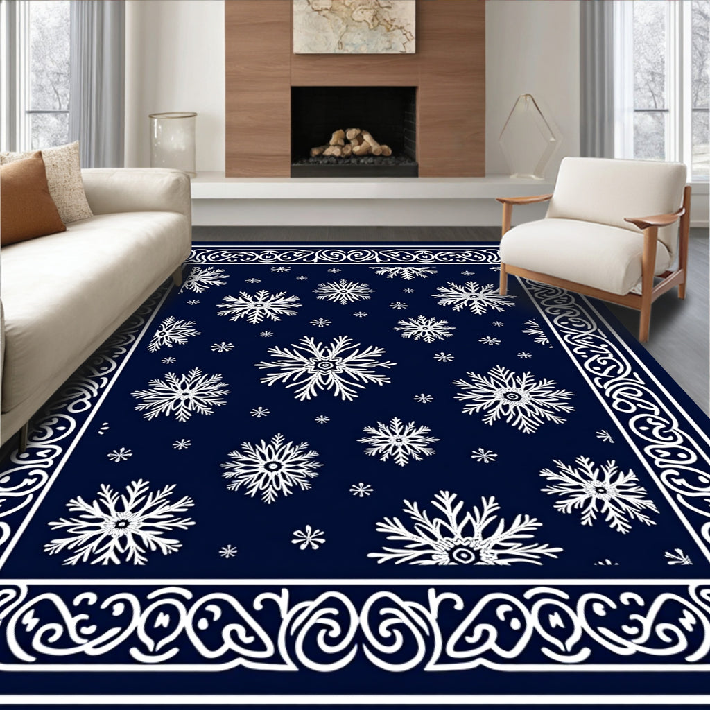 Deep Blue Snowflake Scrollwork Border Rug