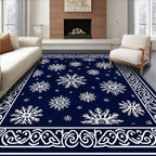 Deep Blue Snowflake Scrollwork Border Rug