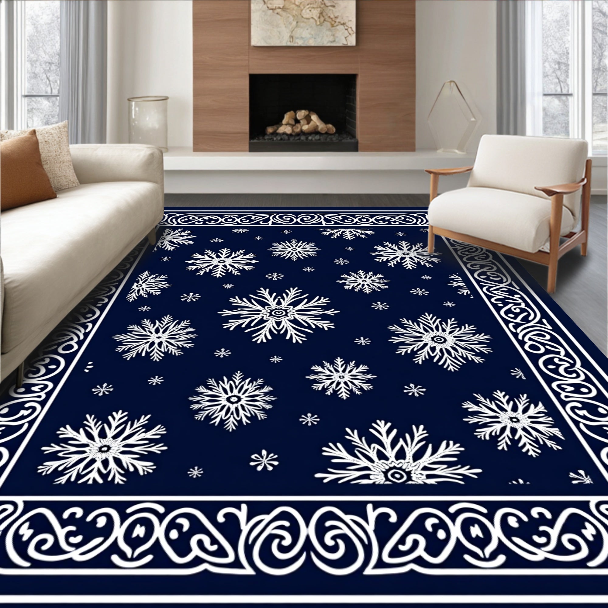 Deep Blue Snowflake Scrollwork Border Rug