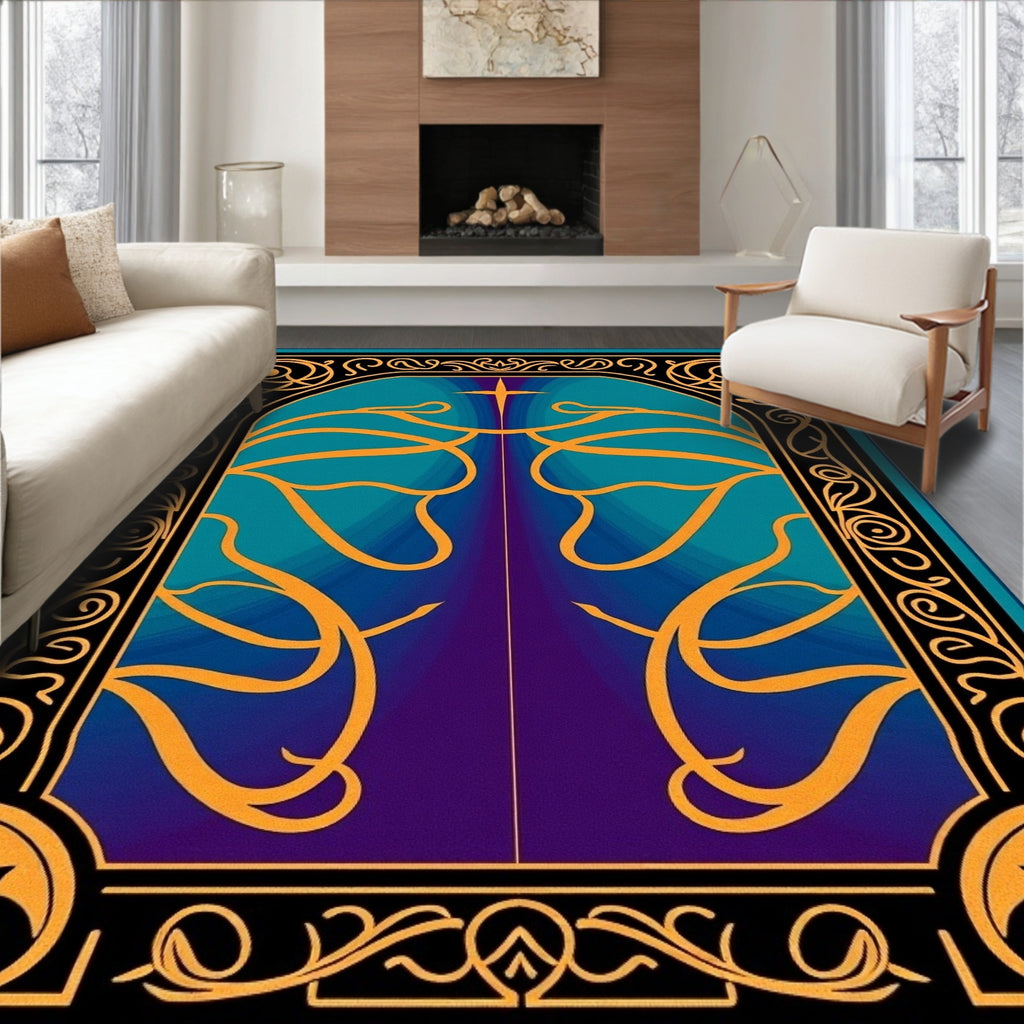 Elegant Gold Ornate Teal Arch Rug