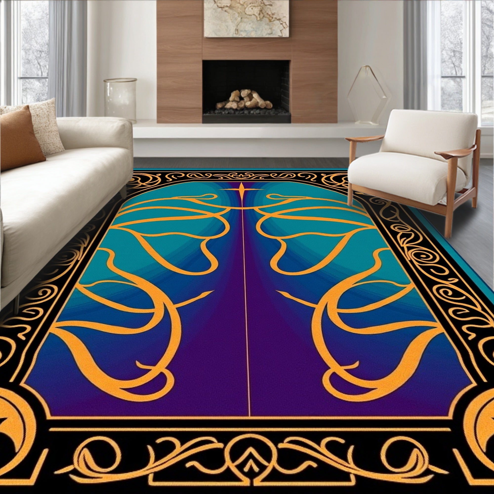 Elegant Gold Ornate Teal Arch Rug