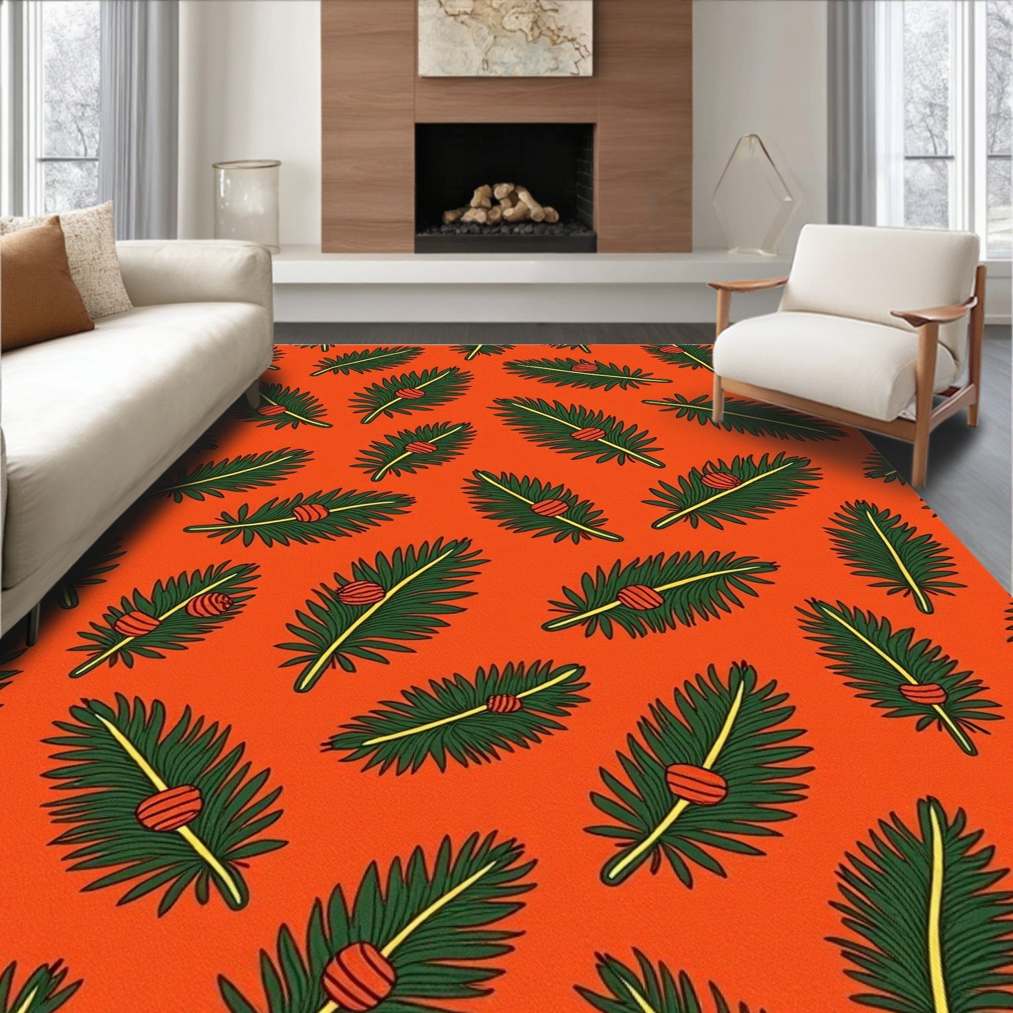 Christmas Pine Sprig Orange Red Rug