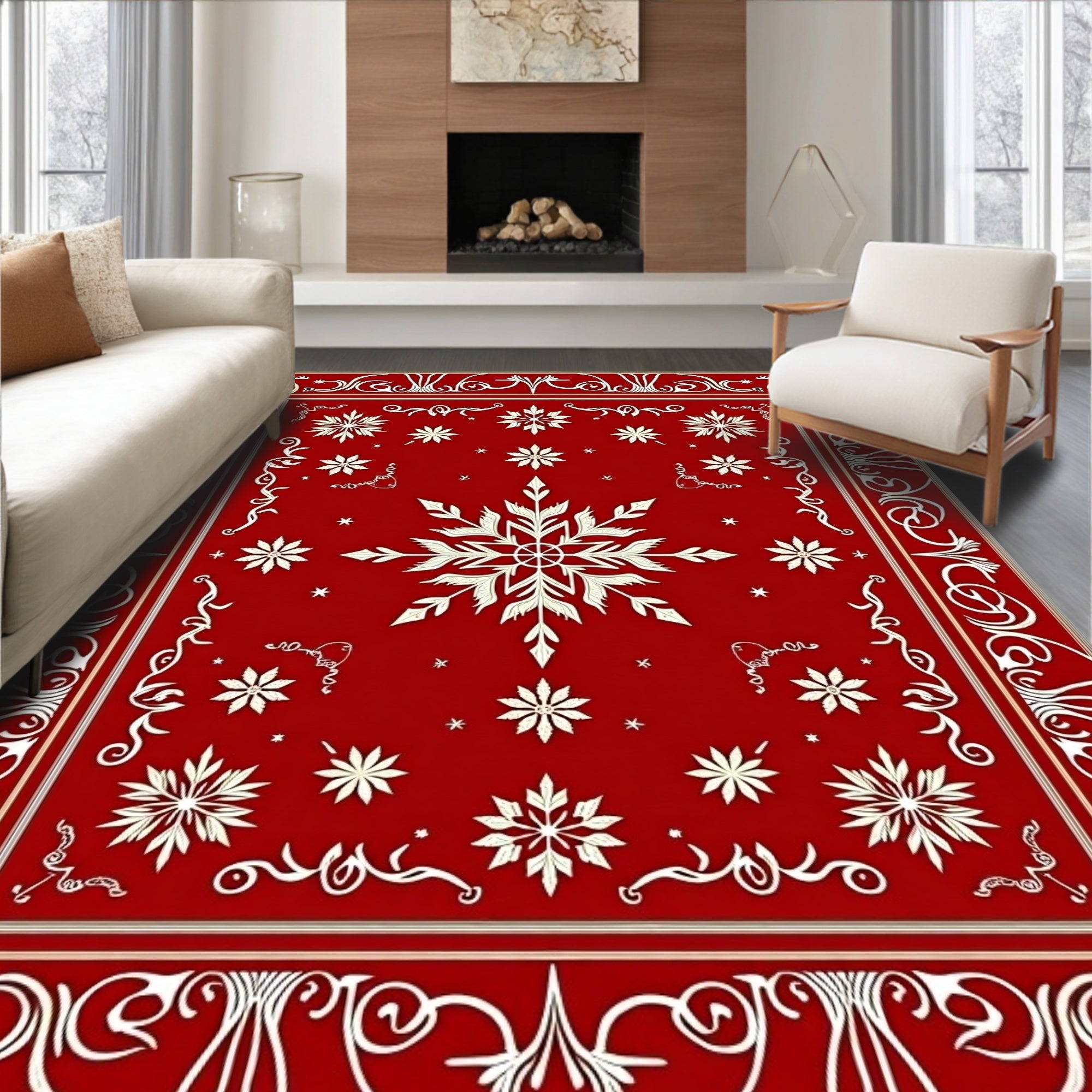 Crimson Snow Flake Medallion Border Rug