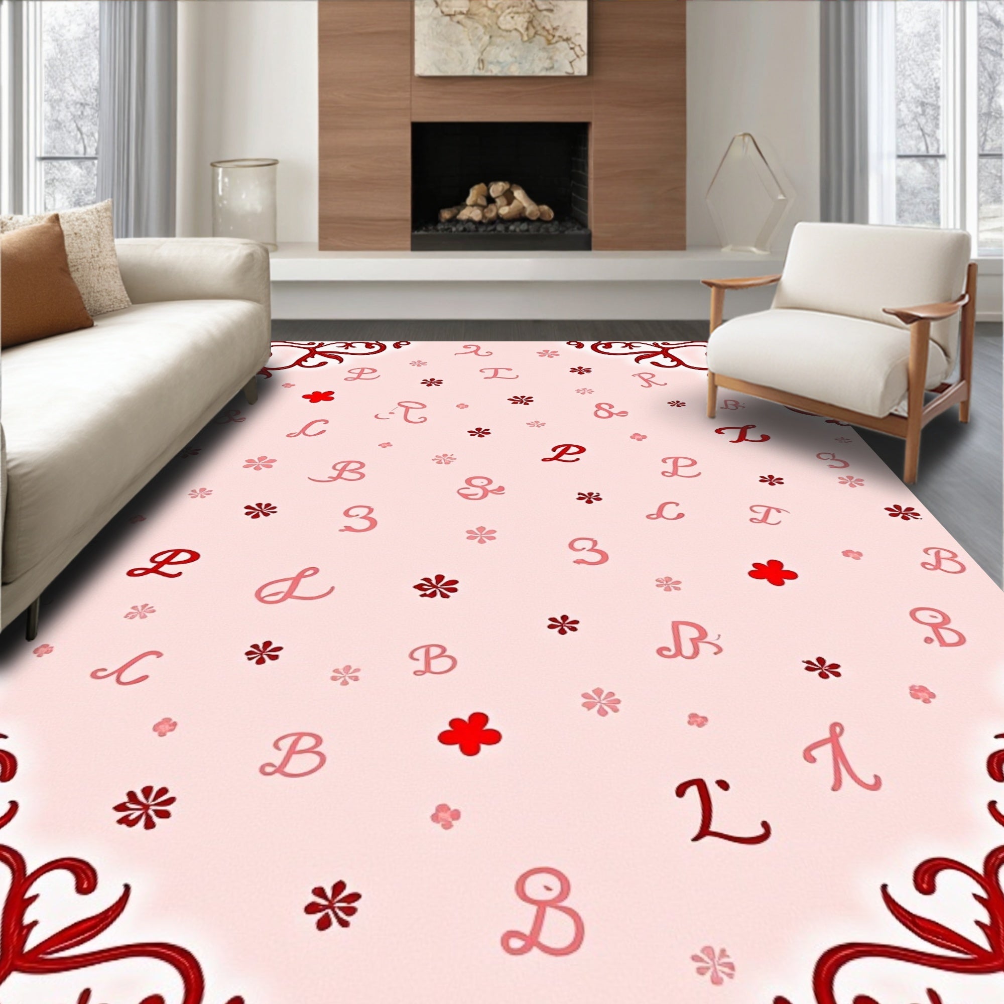 Crimson Floral Monogrammed Lattice Rug
