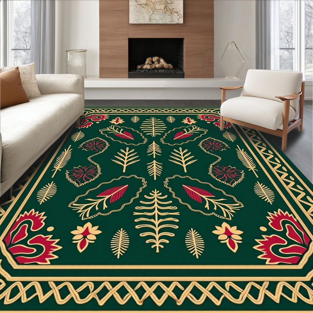 Emerald Crimson Leafy Folk Art Rug