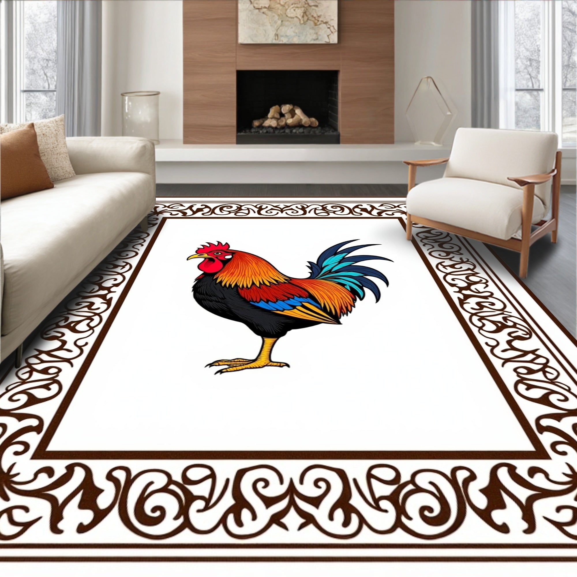 Brown Floral Border Rooster Vivid Rug