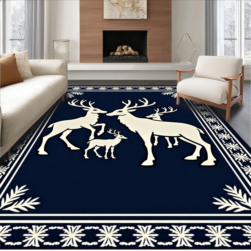 White Deer Family Navy Border Rug
