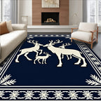 White Deer Family Navy Border Rug