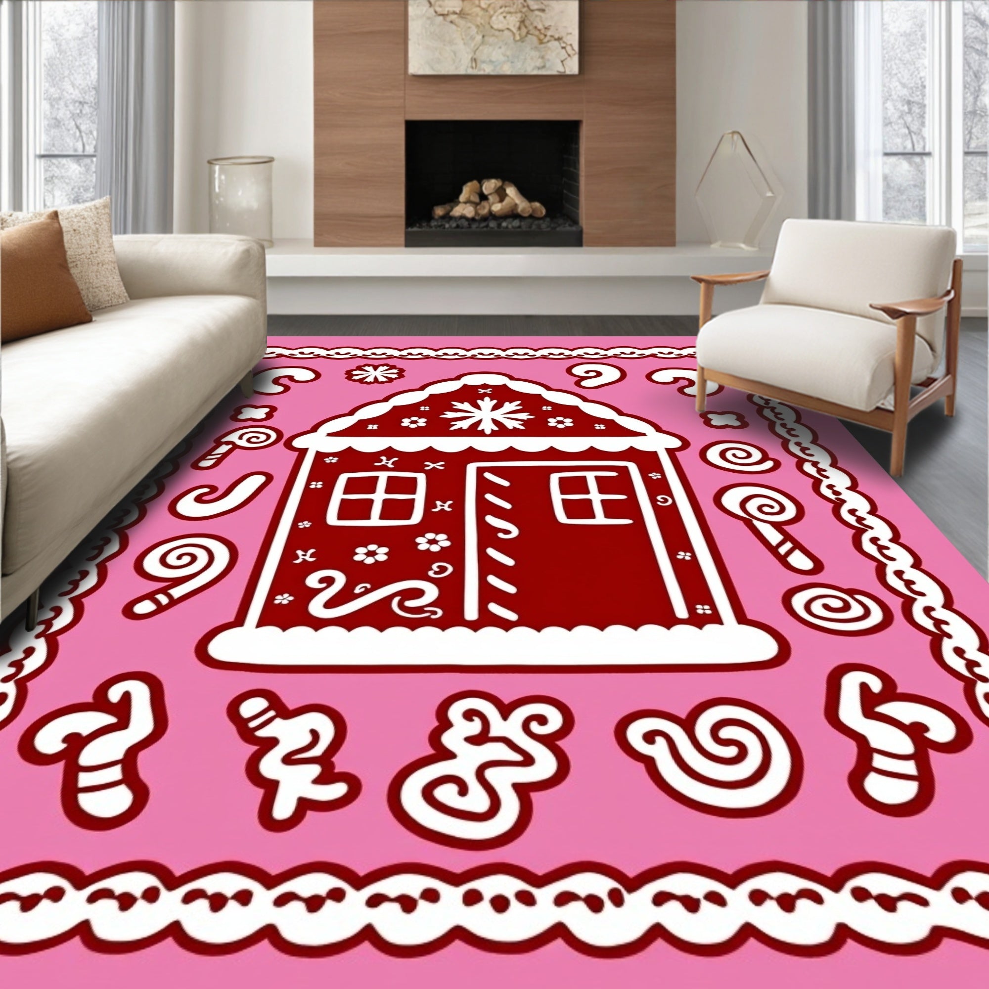 Festive Red Gingerbread House Pink Rug