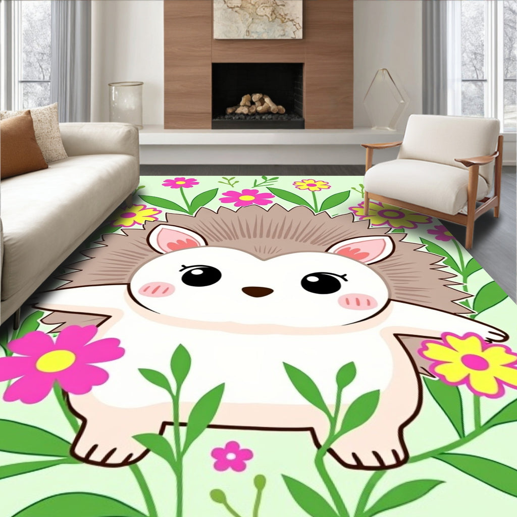 Cute Hedgehog Among Pink Yellow Flowers Rug