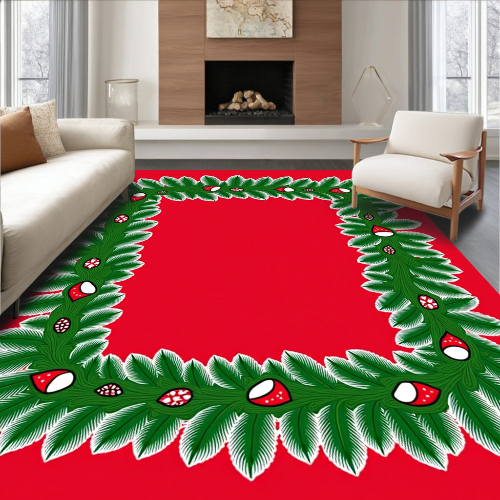 Green Fir Garland Red Ornament Frame Rug