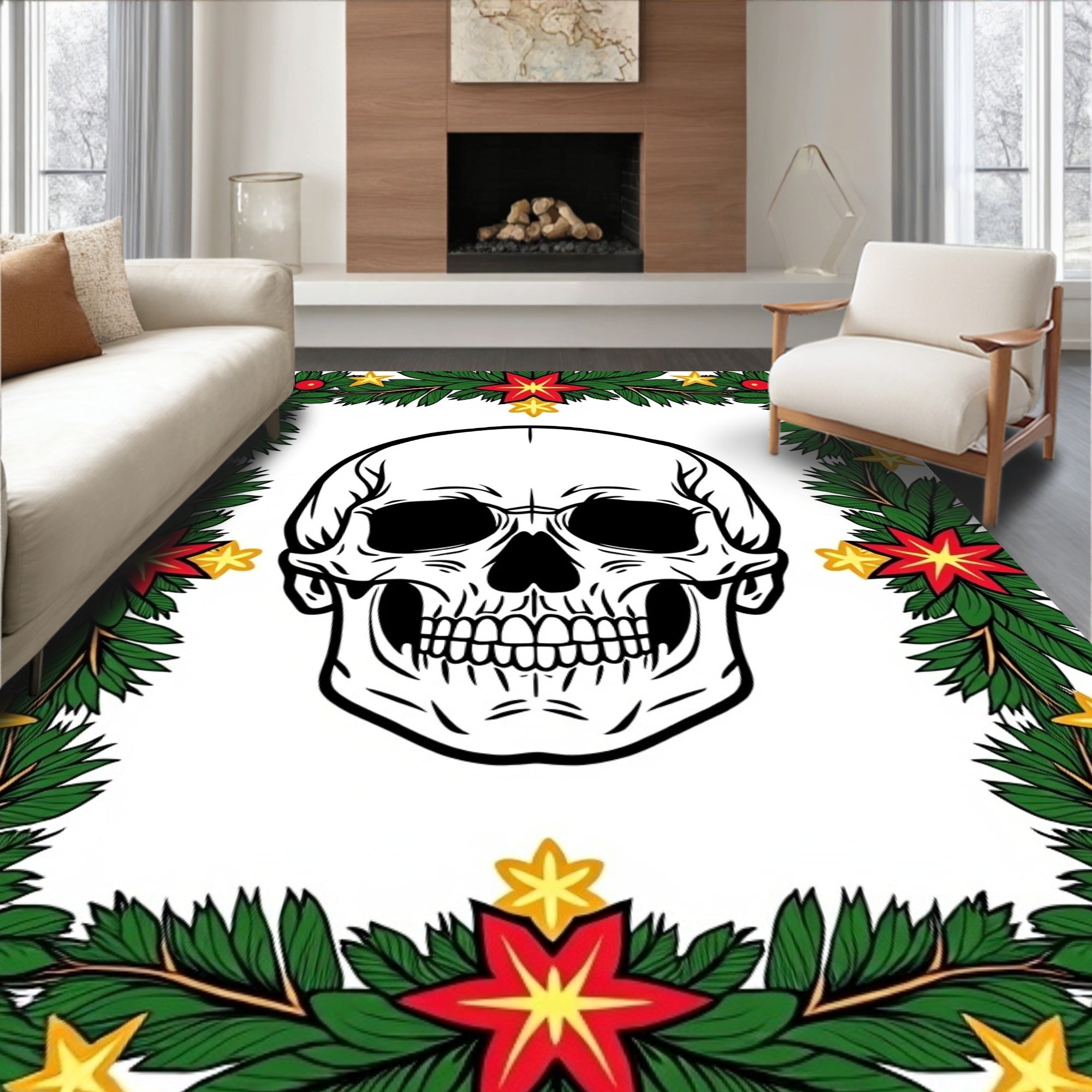 Macabre Skull Boughs Poinsettia Stars Rug