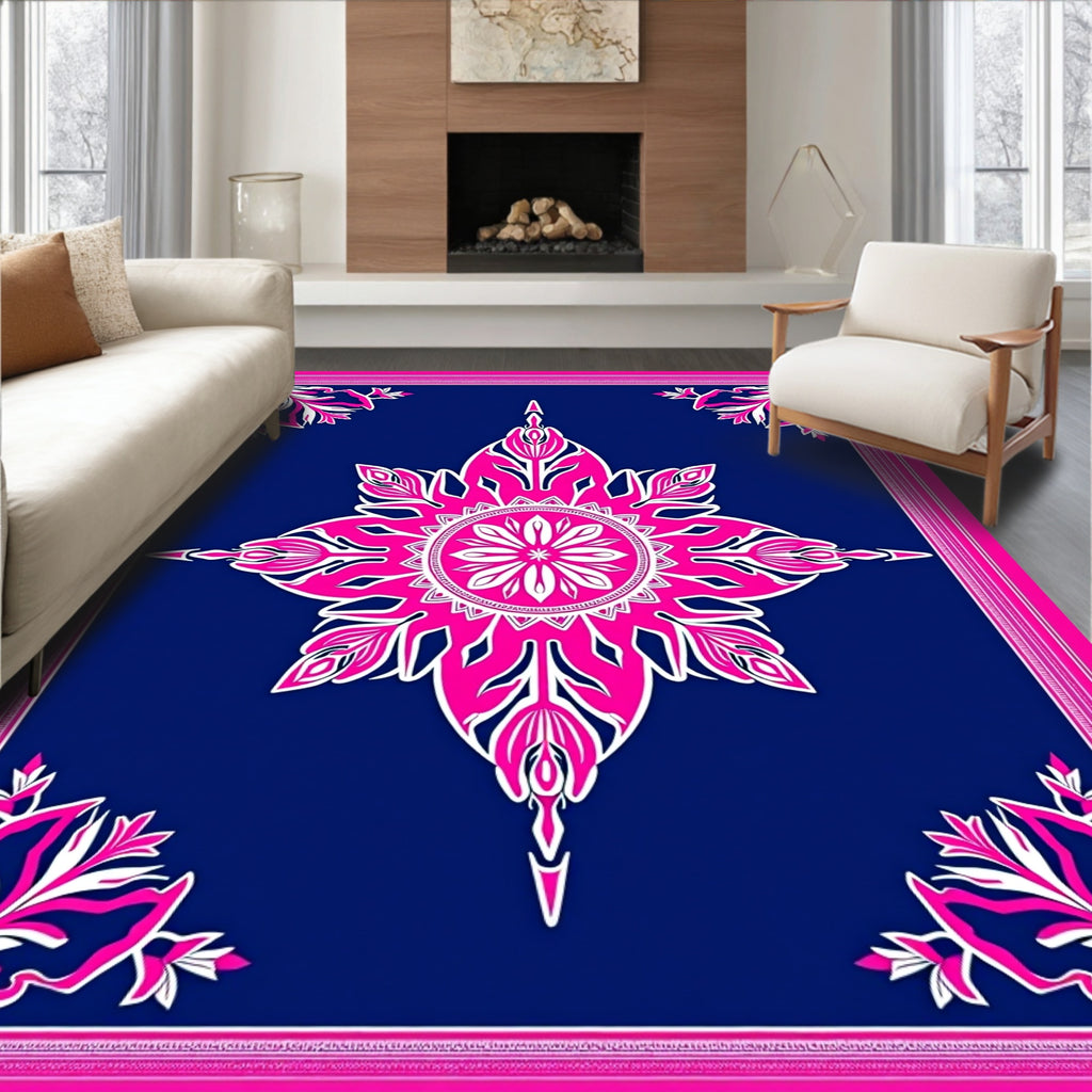 Vivid Pink Floral Starburst Navy Rug