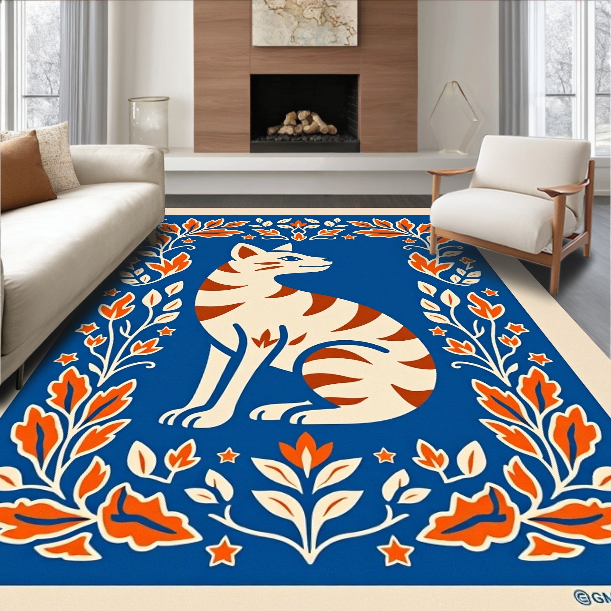 Orange Floral Frame Cat Medallion Rug
