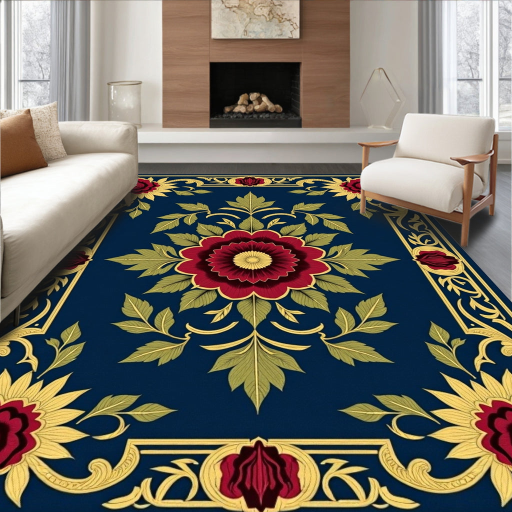 Crimson Floral Gold Trim Navy Rug