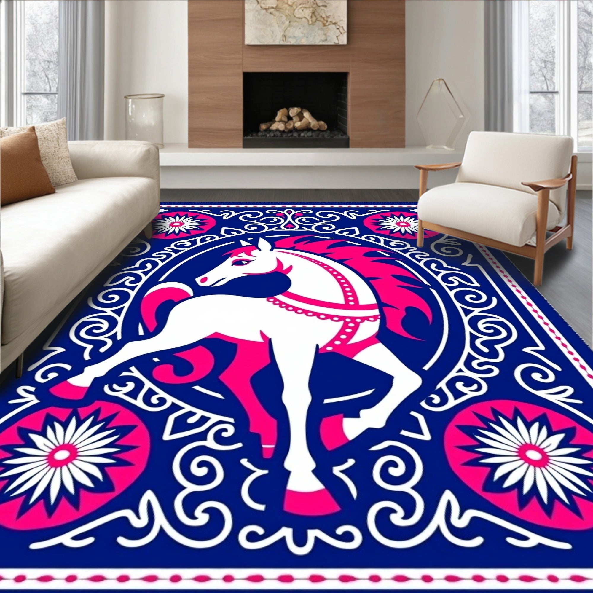 Bold White Horse Pink Mane Navy Rug