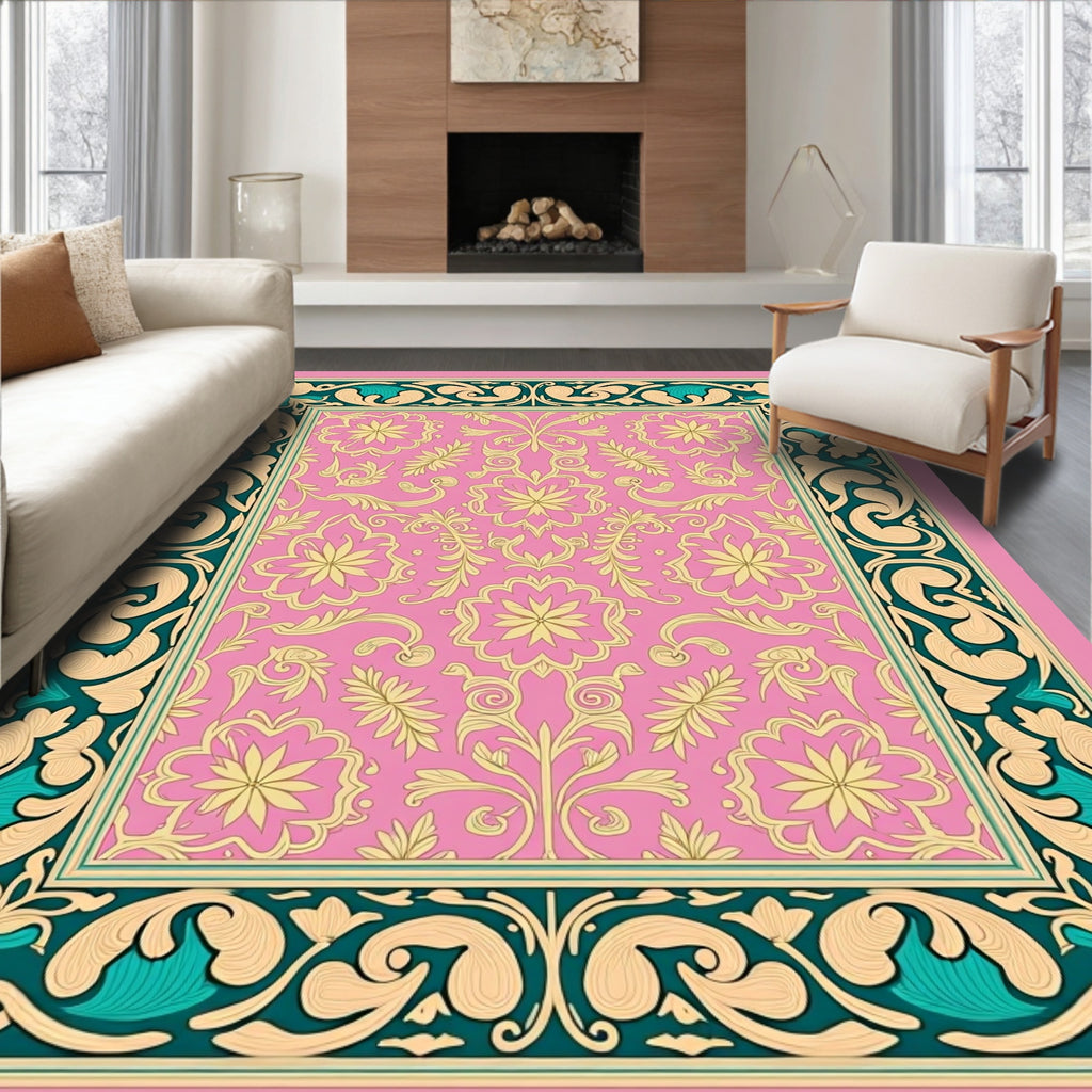 Pink Floral Medallion Border Rug
