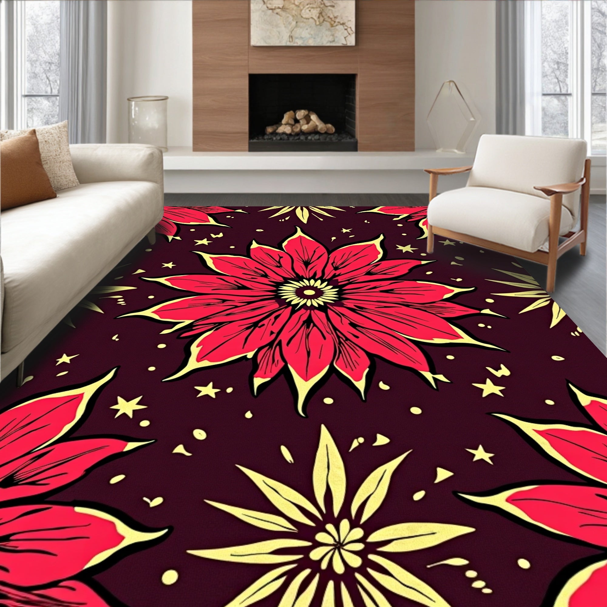 Crimson Yellow Floral Starry Night Rug